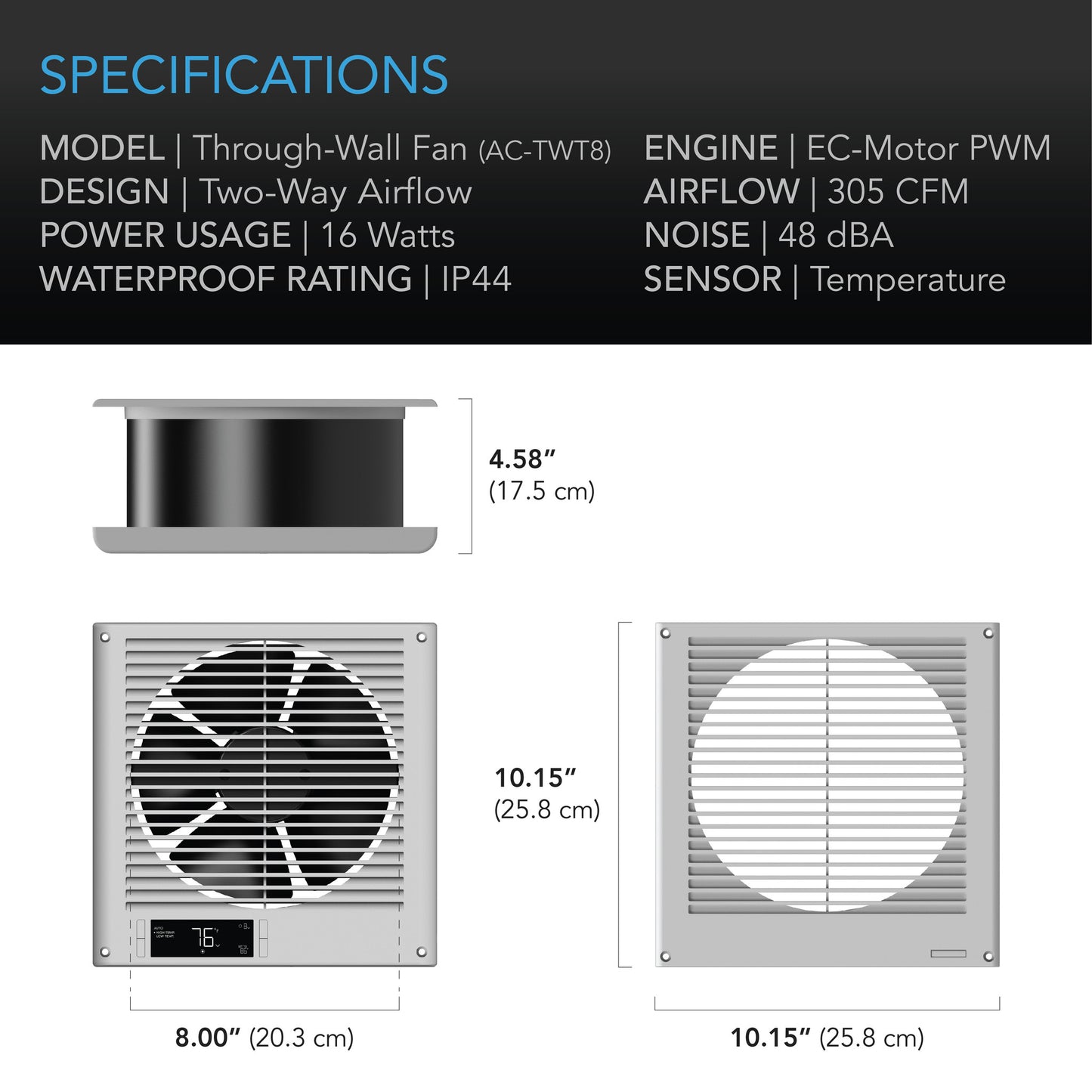Ventilateur AC Infinity de pièce à pièce, flux d'air à 2 voies, contrôle de la température (8 pouces) (commande spéciale)