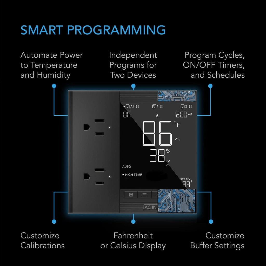AC Infinity 智能插座控制器、温度、湿度、数据应用程序、蓝牙