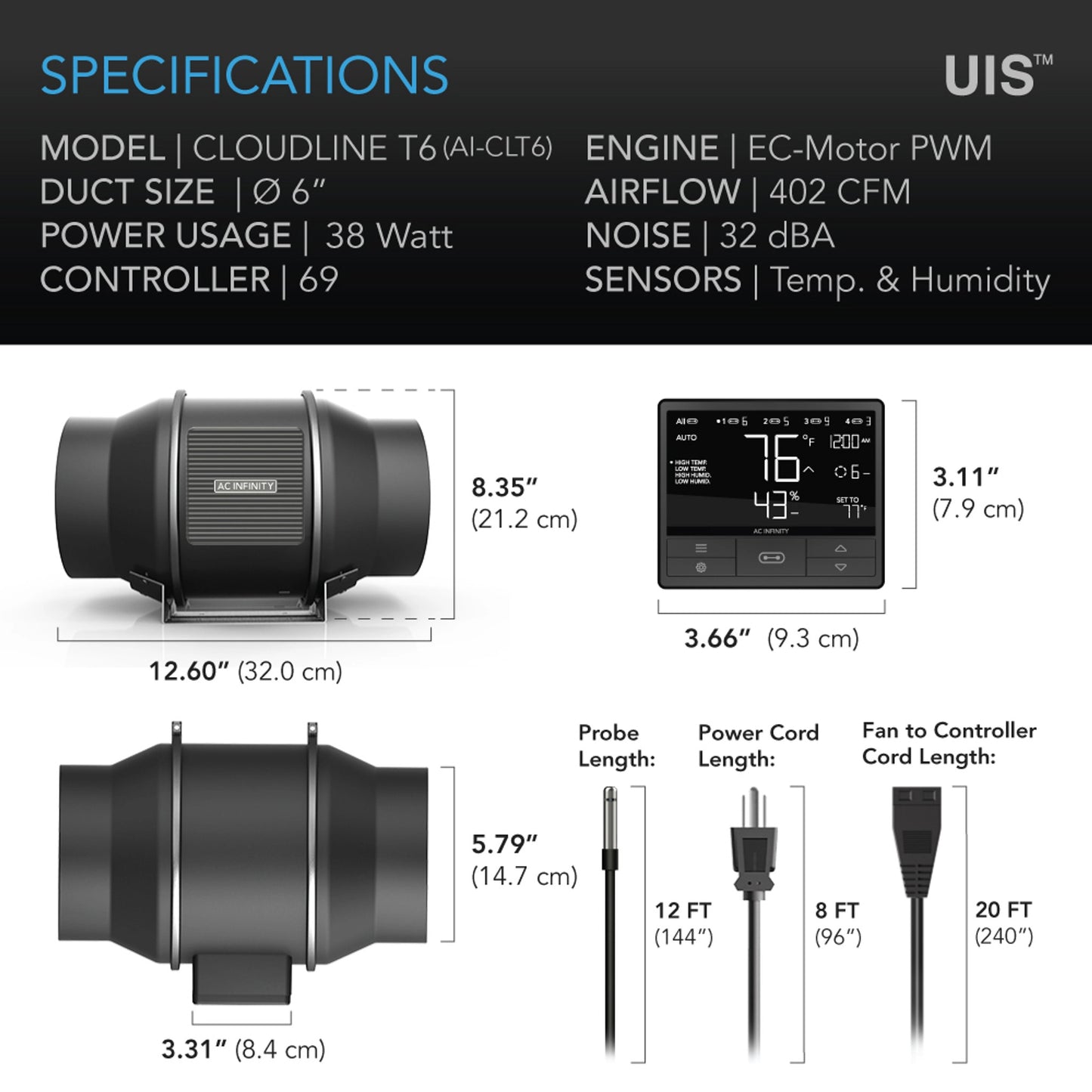 AC Infinity Cloudline (T-Series) Quiet Inline Duct Fans (w/ Temp & Humidity Controller)