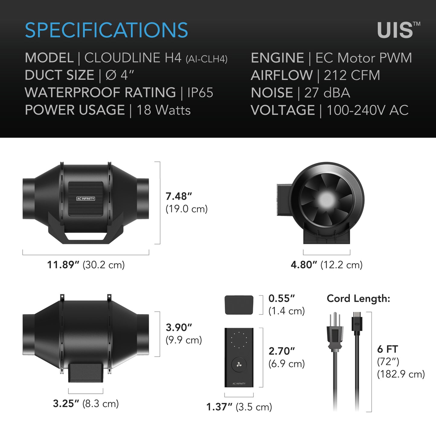 AC Infinity Cloudline H4, Inline Fan (w/ Speed Controller for Fungiculture) 4-Inch (Special Order)