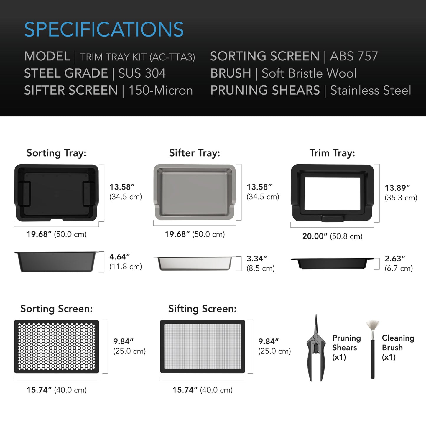 AC Infinity Large Trim Tray System, 3-Tray & 2-Screen Kit (Special Order)