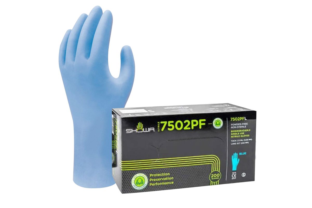 Gants biodégradables Showa (bleus) bouts de doigts texturés (paquet de 200) 